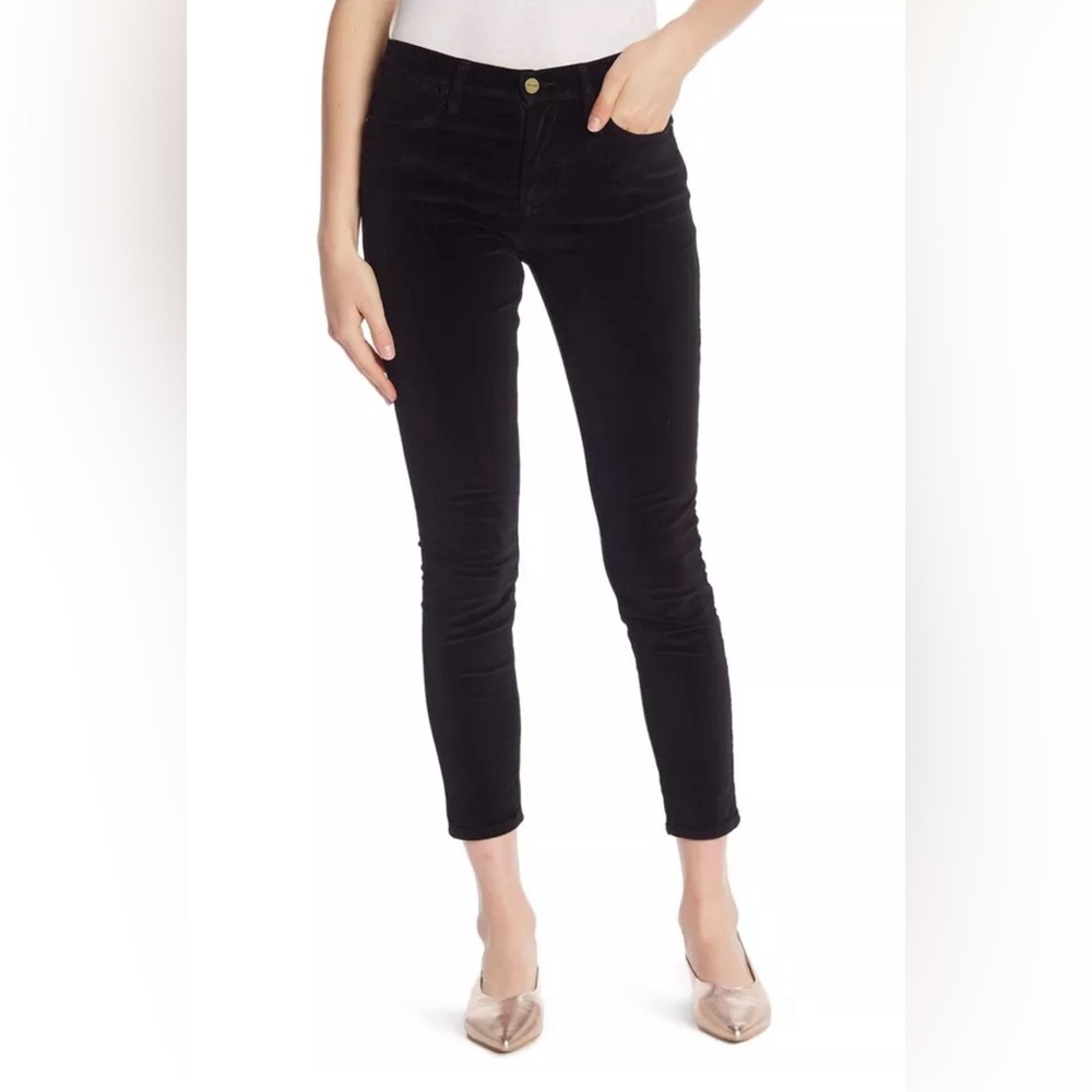 FRAME DENIM Velveteen High Waist Ankle Skinny Stretch Pants Black Noir $235 27